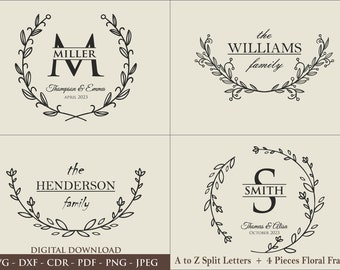 SVG de nombre de familia | SVG de tabla de cortar | Alfabeto monograma | Paquete de boda SVG | SVG de marco floral | SVG de apellido