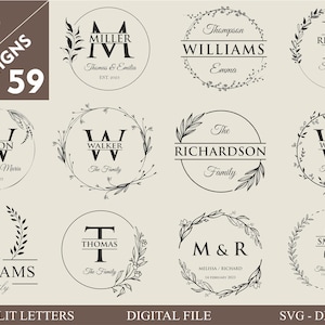 59 nom de famille Svg I planche à découper I alphabet monogramme I lot de mariage SVG I Svg torchon de cuisine I cadre floral Svg I nom de famille Svg