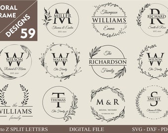 59 Family Name Svg I Cutting Board Svg I Monogram Alphabet I Wedding Bundle SVG I Kitchen Towel Svg I Floral Frame Svg I Last Name Svg