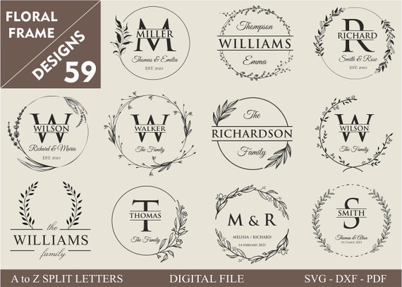 59 Family Name Svg I Cutting Board Svg I Monogram Alphabet I Wedding Bundle SVG I Kitchen Towel Svg I Floral Frame Svg I Last Name Svg