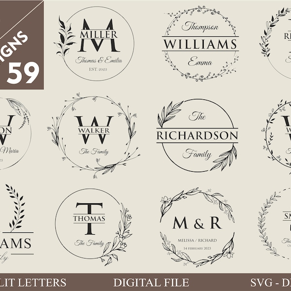 59 Familienname SVG I Schneidebrett SVG I Monogramm Alphabet I Hochzeit Bundle SVG I Küchentuch SVG I Blumenrahmen SVG I Nachname Design SVG