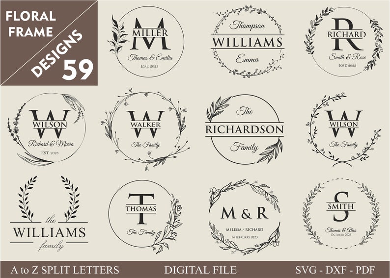 Puede incluir: Un conjunto de 59 dise&ntilde;os de marcos florales para monogramas. Los dise&ntilde;os presentan una variedad de coronas y ramas florales, con una letra dividida en el centro de cada corona. Las letras est&aacute;n en una variedad de fuentes y estilos. El texto "A to Z Split Letters" est&aacute; en la parte inferior de la imagen.