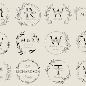 Puede incluir: Una colecci&oacute;n de 10 dise&ntilde;os de monogramas diferentes con una variedad de coronas de flores y letras. Cada dise&ntilde;o incluye una letra, un nombre y una fecha. Los dise&ntilde;os son en blanco y negro.