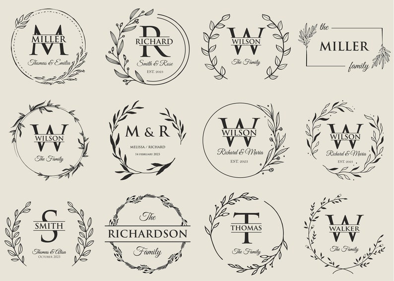 Puede incluir: Una colecci&oacute;n de 10 dise&ntilde;os de monogramas diferentes con una variedad de coronas de flores y letras. Cada dise&ntilde;o incluye una letra, un nombre y una fecha. Los dise&ntilde;os son en blanco y negro.