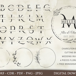 May include: A black and white monogram alphabet with a split-line design. The alphabet is surrounded by four floral wreaths. The image also includes a sample monogram with the text "Miller" and "Alex & Olivia EST. 2023".