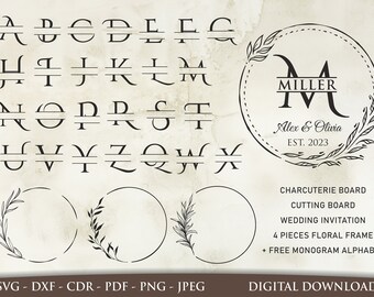 Cutting Board Svg I Family Name Svg I Monogram Alphabet I Wedding Bundle SVG I Kitchen Towel Svg I Floral Frame Svg I Last Name Svg
