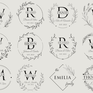 May include: A collection of 10 different monogram designs featuring a single letter surrounded by a wreath of leaves. Each design includes a name and a short phrase, such as "the family" or "Brown & Alice".