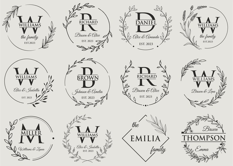 May include: A collection of 10 different monogram designs featuring a single letter surrounded by a wreath of leaves. Each design includes a name and a short phrase, such as "the family" or "Brown & Alice".