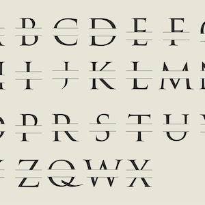 Puede incluir: Una fuente de alfabeto en blanco y negro con una l&iacute;nea dividida en el medio de cada letra. Las letras est&aacute;n en may&uacute;sculas.