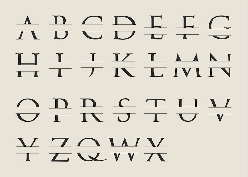 Puede incluir: Una fuente de alfabeto en blanco y negro con una l&iacute;nea dividida en el medio de cada letra. Las letras est&aacute;n en may&uacute;sculas.