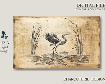 Heron Charcuterie Board SVG: Farmhouse Cutting Board Laser Design (Digital File)