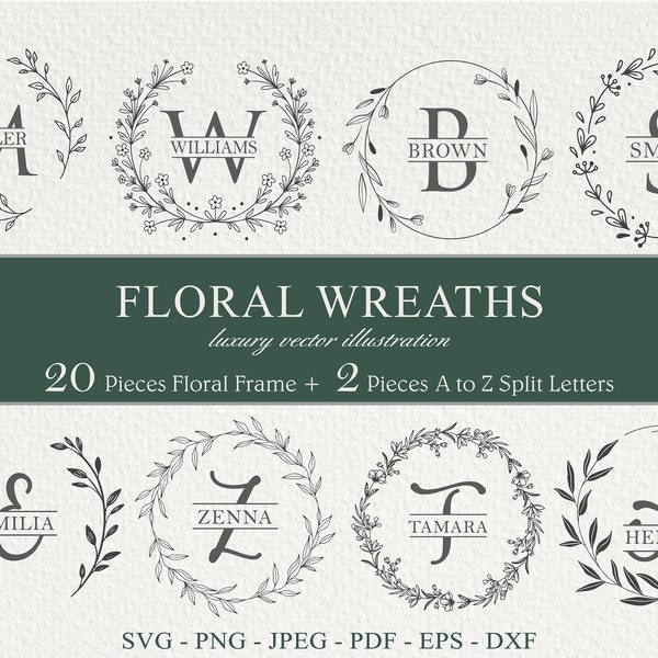 Cutting Board svg I Monogram Alphabet I 20 Pieces Floral Wreath I Kitchen svg I Wedding Svg I Last name svg I Flowers Clipart I Leaves