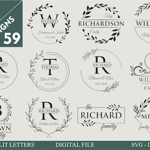 May include: A collection of 10 black and white family name SVG designs featuring a variety of fonts and floral wreaths. The designs include the names "Richard", "Williams", "Brown", "Miller", "Thomas", and "Wizard".