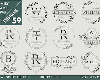 59 Family Name Svg I Cutting Board Svg I Monogram Alphabet I Wedding Bundle SVG I Kitchen Towel Svg I Floral Frame Svg I Charcuteri Board