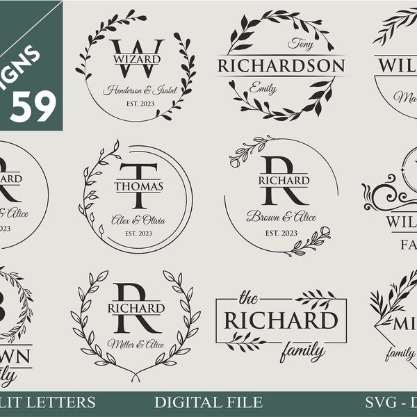 59 Family Name Svg I Cutting Board Svg I Monogram Alphabet I Wedding Bundle SVG I Kitchen Towel Svg I Floral Frame Svg I Charcuteri Board