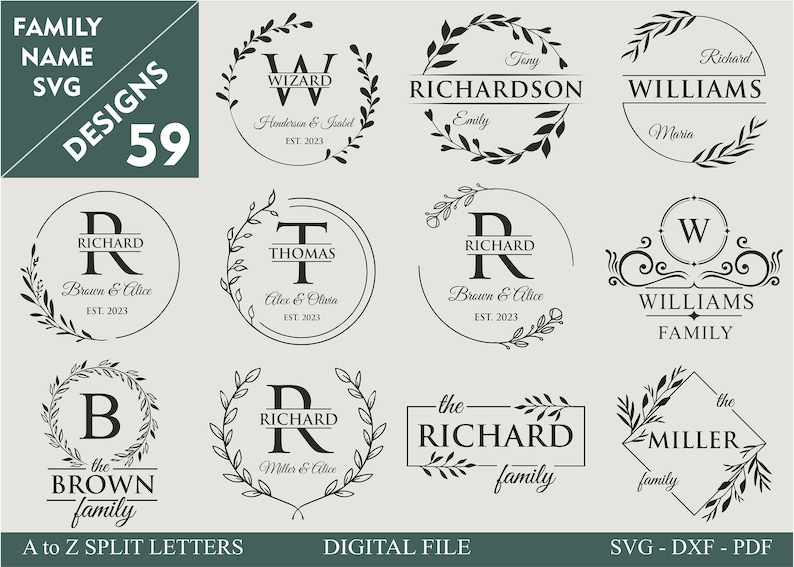 May include: A collection of 10 black and white family name SVG designs featuring a variety of fonts and floral wreaths. The designs include the names "Richard", "Williams", "Brown", "Miller", "Thomas", and "Wizard".