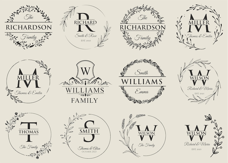 Puede incluir: Diez dise&ntilde;os de monogramas en blanco y negro con coronas de flores. Cada dise&ntilde;o presenta una letra, un nombre y un apellido. Los dise&ntilde;os son perfectos para crear regalos personalizados o decoraci&oacute;n para el hogar.