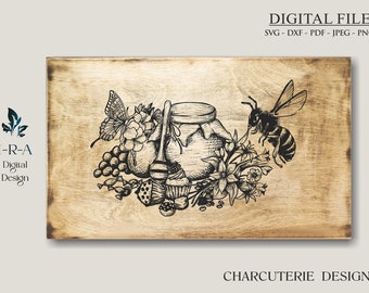 Tagliere di salumi con ape mellifera SVG: disegno inciso al laser (file digitale)