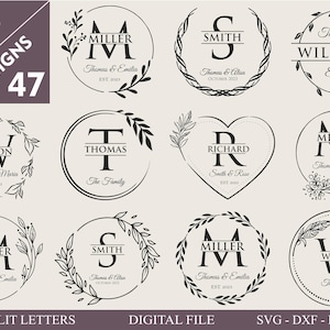 May include: A collection of 12 black and white floral frame designs with initials and names. The designs include circular and heart-shaped frames with botanical elements and text. The text includes names, initials, and dates.