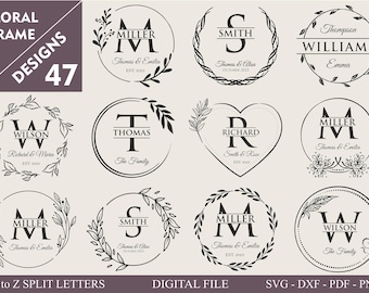 47 Family Name Svg I Cutting Board Svg I Monogram Alphabet I Wedding Bundle SVG I Kitchen Towel Svg I Floral Frame Svg I Last Name Svg