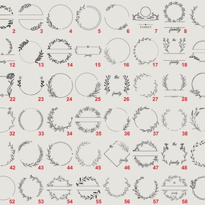 May include: A set of 60 black and white wreath and circle frames with text overlays. The frames are perfect for adding a touch of elegance to your designs.