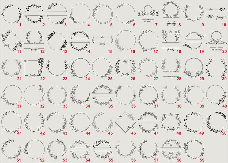 May include: A set of 60 black and white wreath and circle frames with text overlays. The frames are perfect for adding a touch of elegance to your designs.