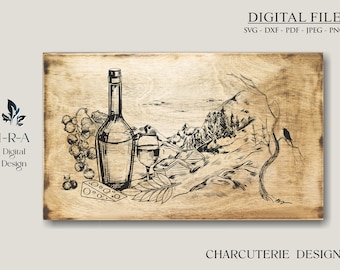 May include: A black and white line drawing of a wine bottle, a glass of wine, a bunch of grapes, a wedge of cheese, and a mountain landscape. The drawing is on a wood background.
