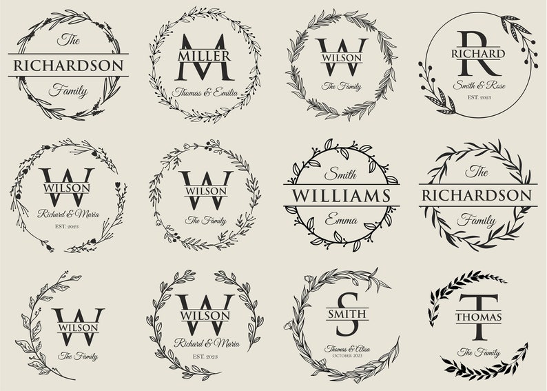 Puede incluir: Un conjunto de 10 coronas monogramadas en blanco y negro con dise&ntilde;os florales. Cada corona presenta un apellido e inicial diferentes, algunos incluyen texto adicional como "The Family", "Richard & Maria" o "Smith & Rose".