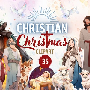 Navidad Cristiana - Clipart / Natividad, Jesús, Santa María, Escena Bíblica, Acuarela digital, PNG