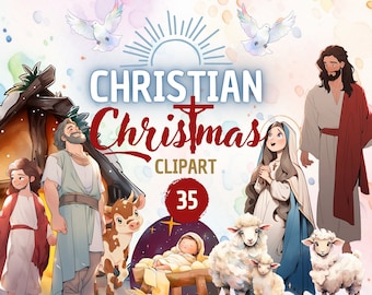 Christian Christmas - Clipart | Nativity, Jesus, Holy Mary, Bible scene, Digital watercolor, PNG