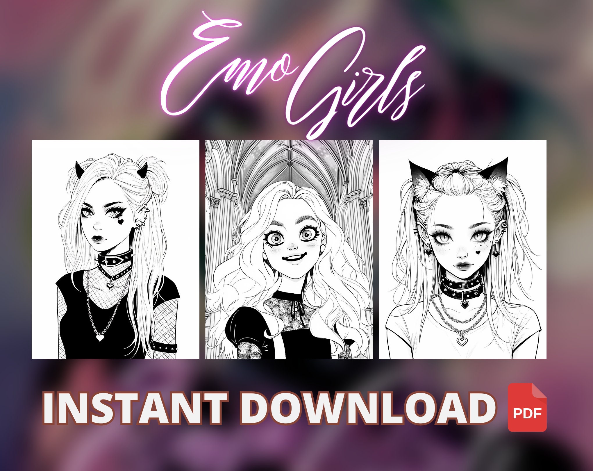 Emo Gothic Girls Coloring Book: 50 Printable Pages (PDF) - Etsy