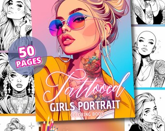 Tattooed Girls Portrait | 50 Coloring Pages, For Tattoos Lovers, Printable, PDF, PNG, Instant Download