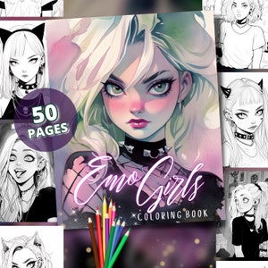 Chicas emo góticas - Libro para colorear / 50 páginas para colorear, PDF imprimible, terrorífico, Halloween, chicas góticas, descarga instantánea