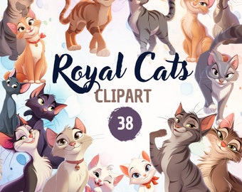 Royal Cute Cats - Clipart | 38 Delightful Cat Cliparts Set, Feline Charm for Your DIY Projects, PNG, Instant Download