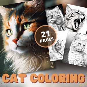 21 Realistische Katzen Malbuch | Erwachsene und Kinder Färbung, Graustufen, Instant PDF Download, AI erzeugt, für Kinder, Jungen, Mädchen