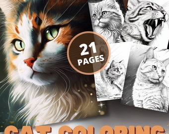 21 Realistic Cats Coloring Book | Adult and Kids Coloring, Grayscale, Instant PDF Download, AI generated, for Kids, Boys, Girls