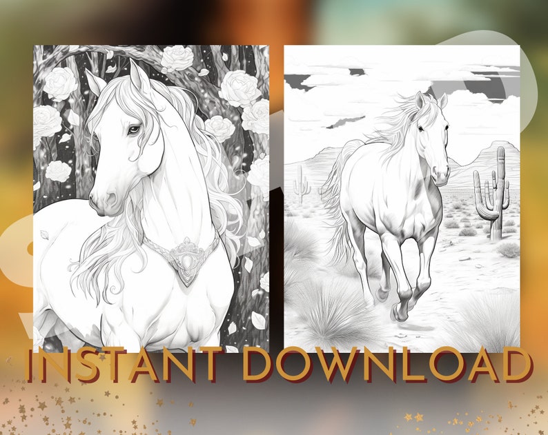 May include: Two black and white line drawings of horses. The first image shows a horse with a flowing mane and tail standing in a forest setting. The second image shows a horse running through a desert landscape with cacti.