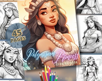 Polynesian Princess Coloring Pages | Grayscale Coloring Book, 45 Pages, Instant Download, Printable Art