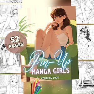 Vintage Manga Pin-Up Girls Coloring Book: 52 Retro Glamour Pages (Instant Download)