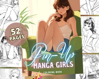Vintage Manga Pin-Up Girls Coloring Book: 52 Retro Glamour Pages (Instant Download)
