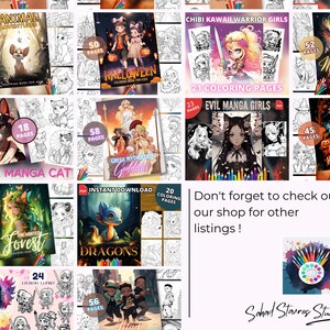 May include: A collage of digital coloring book covers featuring various themes, including animals, mythical creatures, manga, and Halloween. The covers are colorful and feature detailed illustrations. The text on the covers includes the number of pages, the title of the book, and the phrase "Instant Download".