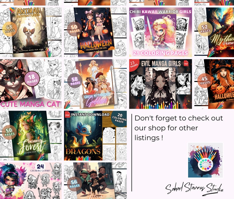 May include: A collage of digital coloring book covers featuring various themes, including animals, mythical creatures, manga, and Halloween. The covers are colorful and feature detailed illustrations. The text on the covers includes the number of pages, the title of the book, and the phrase "Instant Download".