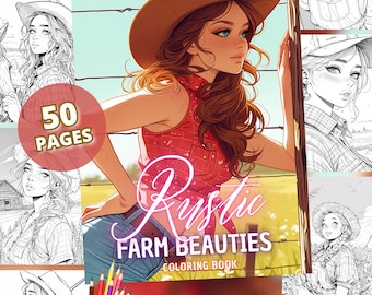 Rustic Farm Beauties | Cow-girls Coloring Book, 50 Cute Girls Portraits, Png, Pdf, Printable and Instant Download