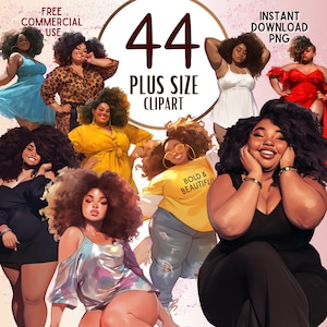 Plus size zwarte vrouwen clipart, gratis commercieel gebruik, bochtige zwarte meid, voor planner, kunst aan de muur, png, glinsterende clip art, stickers, instant download