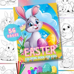 Könnte beinhalten: Ein Malbuch mit einem niedlichen Hasen, der Ostereier hält. Das Cover zeigt einen Regenbogen und den Text "Easter Coloring Book for Kids". Das Buch hat 56 Seiten.
