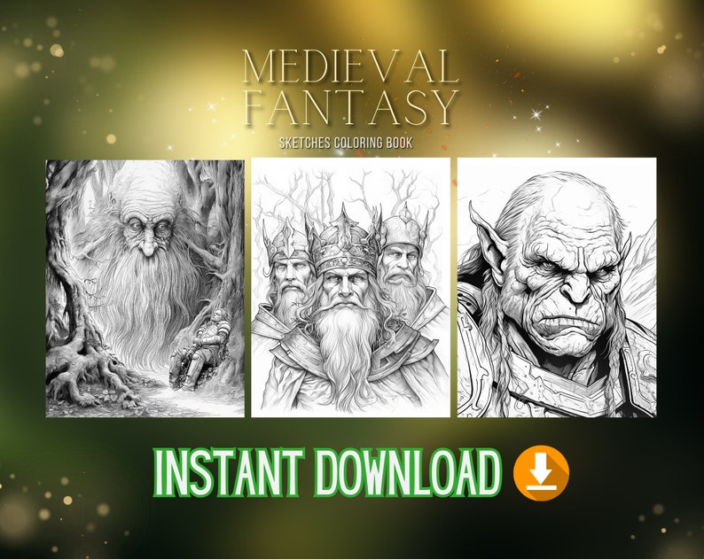 May include: Black and white coloring book cover with the title "Medieval Fantasy Sketches Coloring Book". The cover features three images: a wizard-like figure in a forest, three kings with crowns, and a large, fierce-looking orc.