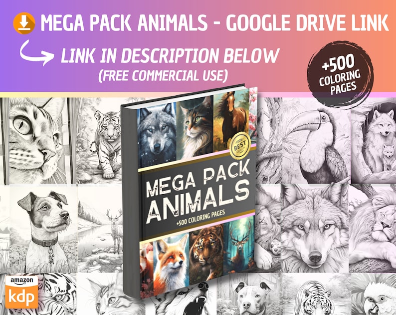 May include: A book cover with a gray background and the text "MEGA PACK ANIMALS +500 COLORING PAGES". The cover features a collage of black and white animal illustrations, including a wolf, a cat, a tiger, a toucan, a deer, and a fox.