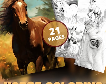 Op de afbeelding: Een kleurboek met 21 pagina's met illustraties van paarden. De omslag toont een bruin paard dat door een veld met gele bloemen rent. De tekst "HORSE COLORING" staat in grote, gele letters.
