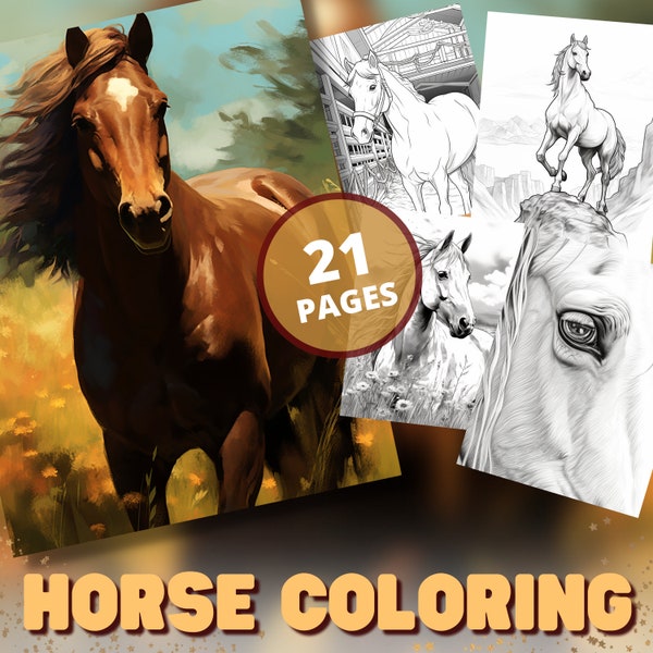 21 Realistic Horses Coloring Book | Grayscale, Adult and Kids Coloring, Instant PDF Download, AI generated, for Kids, Boys, Girls