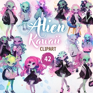 Op de afbeelding: Een set van 42 digitale clipart-afbeeldingen met schattige, kleurrijke alien-karakters in verschillende poses. De karakters hebben grote ogen, felle kleuren en unieke kenmerken, zoals antennes, vinnen en meerdere ogen. De clipart is perfect om een leuke en fantasierijke touch toe te voegen aan je digitale projecten.